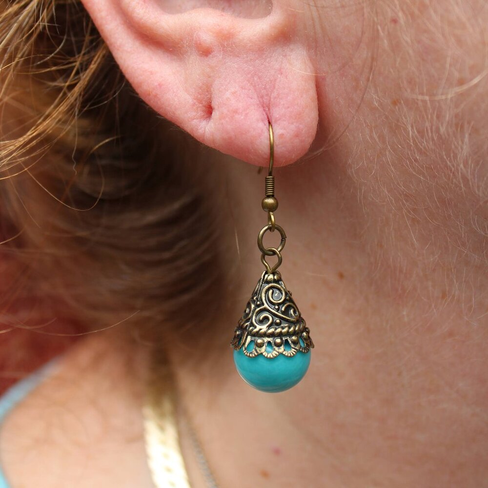 Turquoise Bead Dangle Earrings Drop Earrings Hand Assembled Jewelry Blue Earring